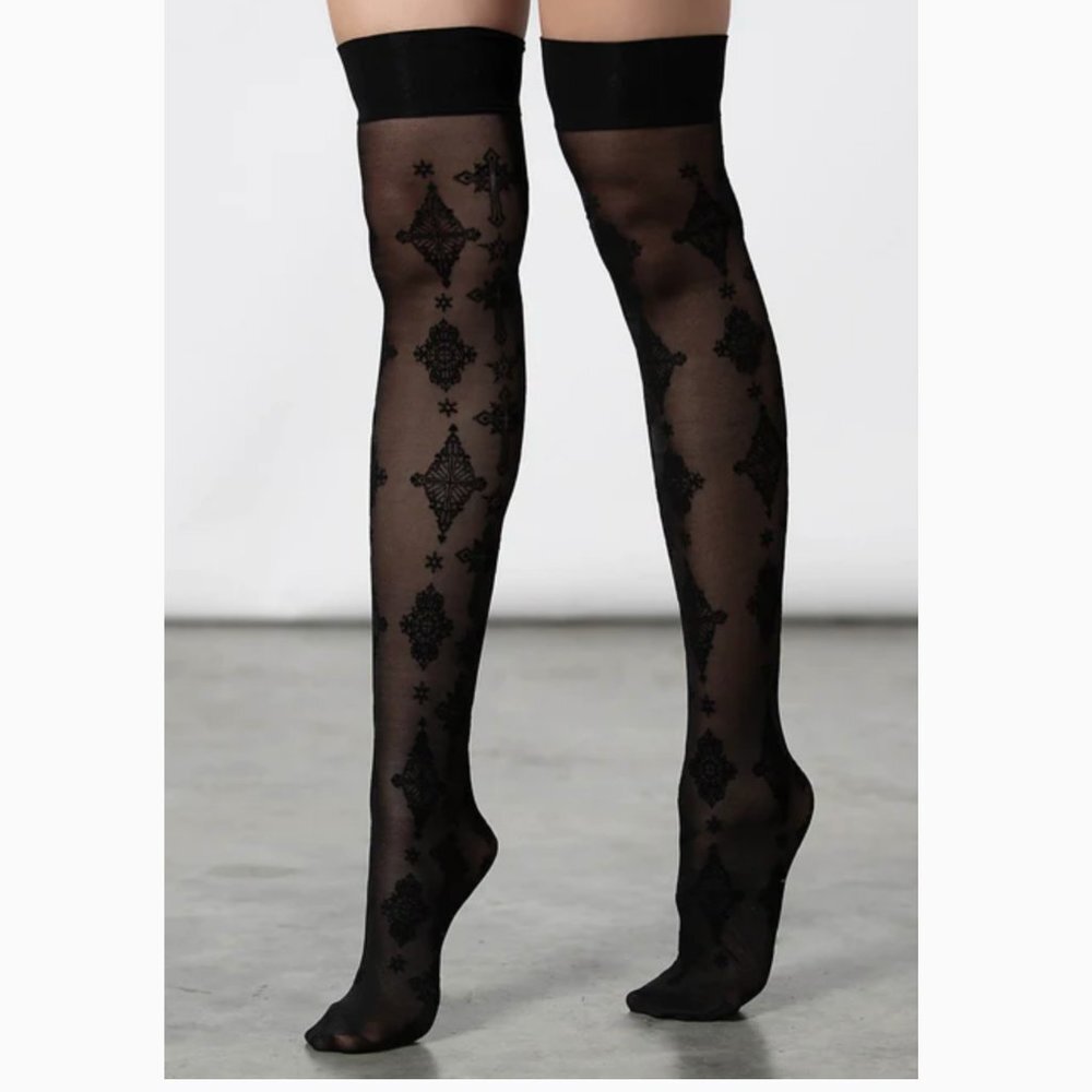Killstar Gerta Thigh High Black Mesh Graphic Stockings OS NWT
